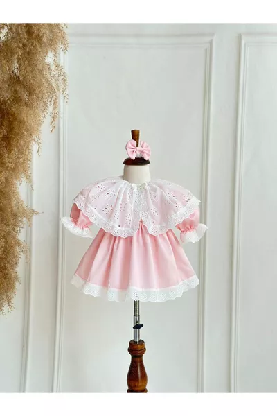 Babykind Wit Linnen Kraag Roze Doopjurk Set