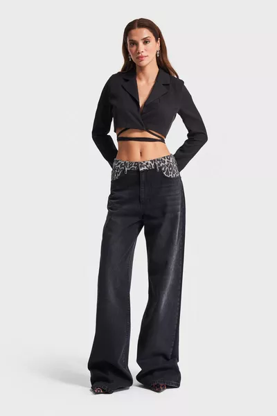 Дамски дънки с широк крачол, средна талия, тъмен антрацитен цвят  с леопардов десен