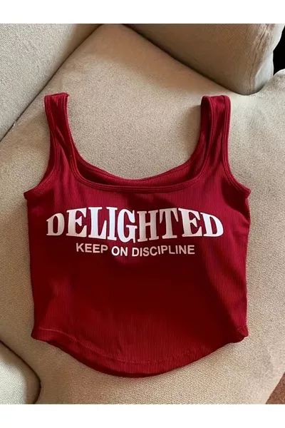 Дамски потник с тънки презрамки с принт 'Delighted' в бордо, черно и бяло