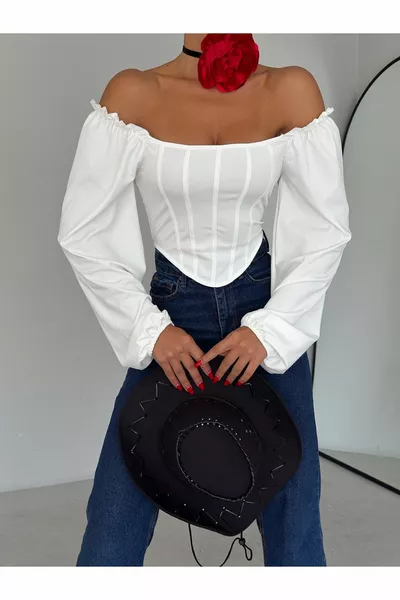 Camicetta corta da donna bianca con colletto quadrato a strisce maniche lunghe a palloncino Diver tessuto