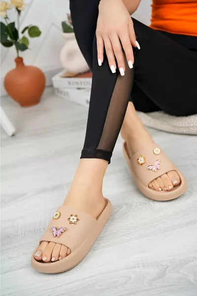 Kadın Bej Taşlı Günlük Plaj Deniz Havuz Terliği Jel