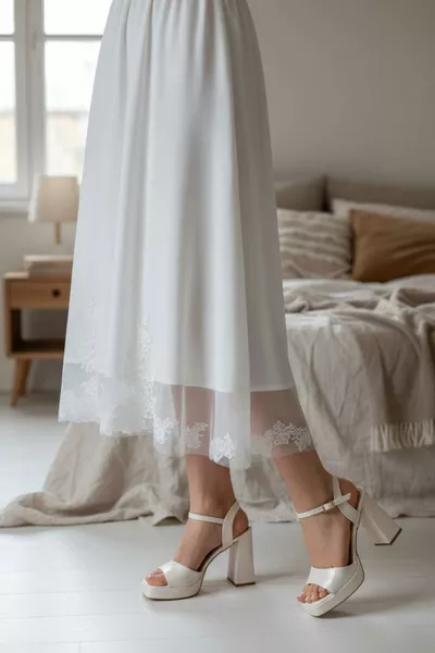 حذاء عروس نسائي بكعب عالٍ سميك ومنصة مربعة