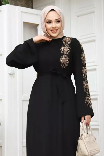 Hijab Abaya  Black with Bead Embroidery Belt