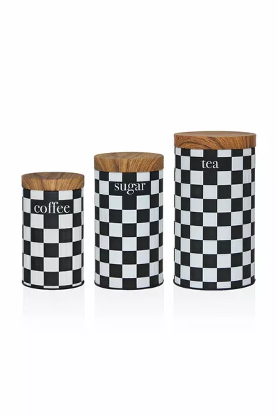 Lot de 3 bocaux en métal motif damier avec couvercle en bambou pour thé, sucre et café DM