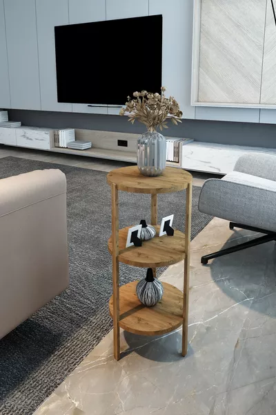 Miray Атлантик Сосна Круглый Деревянный Столик с 3 Полками / Многофункциональное Использование / Высокое Качество, Стильный Дизайн