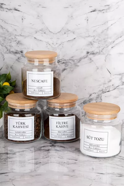 Ensemble de 4 bocaux de conservation étiquetés de  ml avec couvercle en bois pour café filtre, café turc, Nescafé et lait en poudre