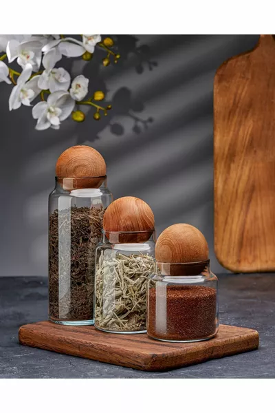 Ensemble de 3 bocaux en verre avec couvercle en bois : sucrier, récipient à friandises, épices et boîte de rangement