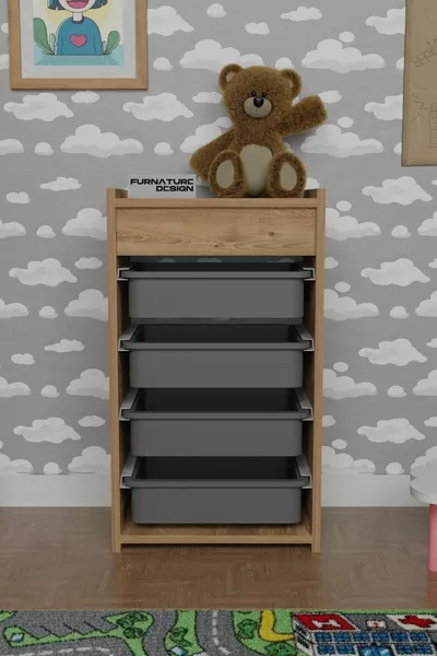 خزانة ألعاب بأربعة رفوف، خزانة مطبخ متعددة الاستخدامات، خزانة خضار، خشب صنوبر أتلانتيك - رمادي