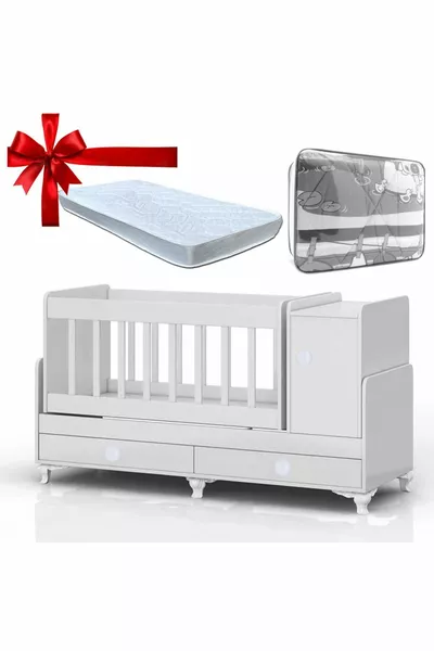 Бяла люлка с шкафче, която може да расте с бебето + сива комплект за сън с подарък