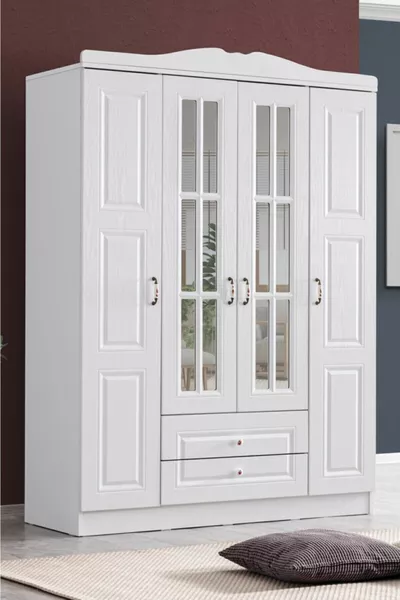 Wardrobe, Country West MDF Front 4-Door Cabinet - White