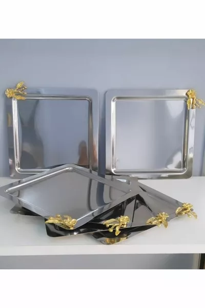 صينية عرض مربعة من الفولاذ المقاوم للصدأ 6 قطع مع إكسسوار وردة يابانية فاخرة