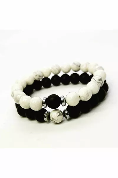 (H)unisexe Noir & Blanc Havlit & Onyx Valentine Bracelets 8mm Pierre Naturelle