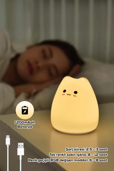 Сенсорная RGB-ночная лампа в форме кошки - силиконовый LED-светильник с зарядкой, лампа для сна в детскую