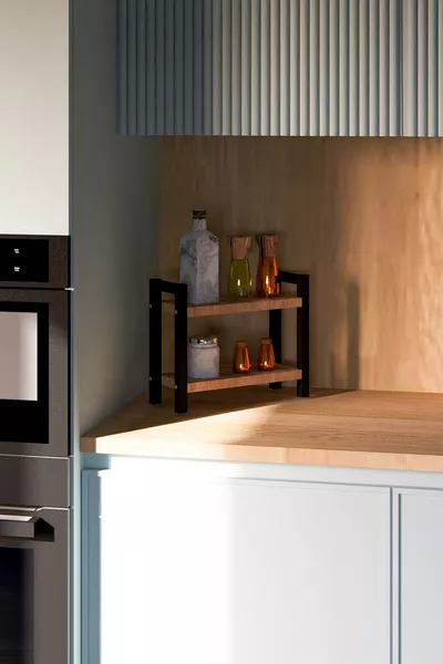 Organizer da Cucina in Metallo con 2 Ripiani Alti, Organizzatore per Bagno e Cucina in Pino