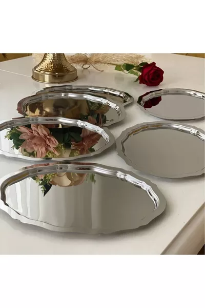 صينية تقديم شاي وقهوة بيضاوية من الفولاذ المقاوم للصدأ بمقاس  سم، 6 قطع، لتقديم العروض والاحتفالات والخطوبة وتقديم الخواتم