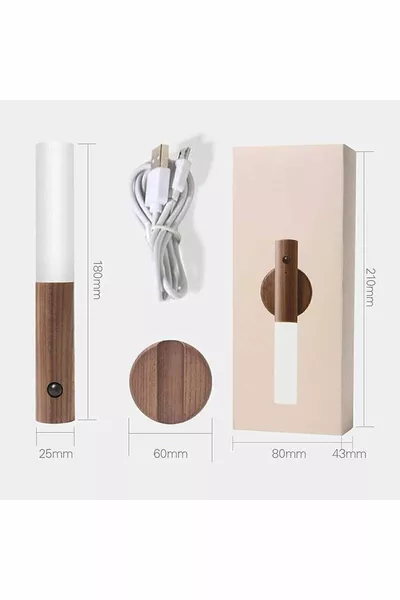 Şarjlı Kablosuz Sensörlü Led Aplik Şarjlı Ahşap Görünümlü Harekete Duyarlı Dekoratif Duvar Lambası