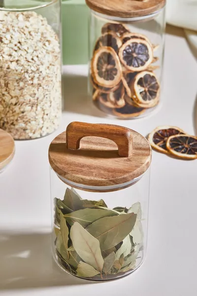 Lot de 4 bocaux en verre avec couvercle en bois d'acacia à vide - Ensemble de contenants de stockage pour denrées alimentaires/légumes secs