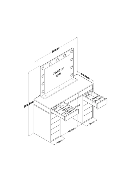 طاولة مكياج مع مرآة بإضاءة هوليوود Rani  ومنظم مجوهرات أبيض