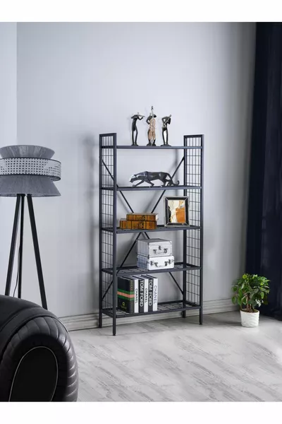 خزانة كتب سلكية معدنية ديكورية، رف كتب للمنزل والمكتب، رف ملفات وكتب بخمسة رفوف باللون الأسود