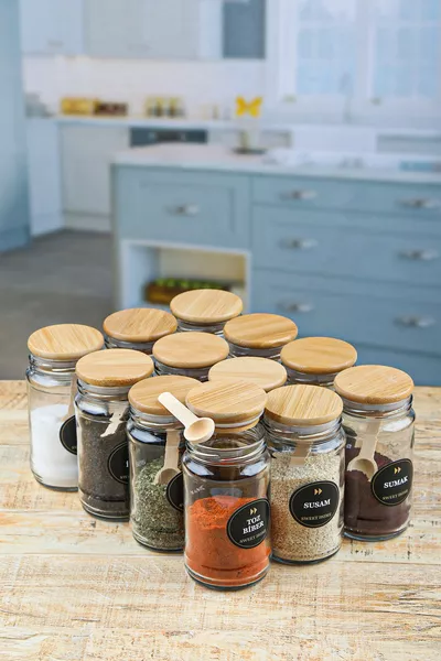 -Piece cc Glass Spice Jars with Bamboo Lids and Spoons + Labeled