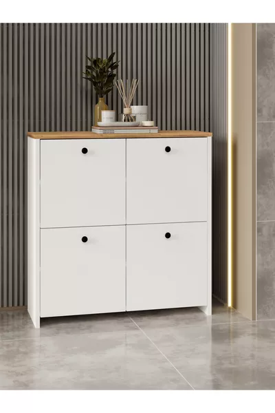 Shiva Ayakkabılık 4 Kapaklı 4 Raflı Çok Amaçlı Dolap Beyaz-Safir Meşe