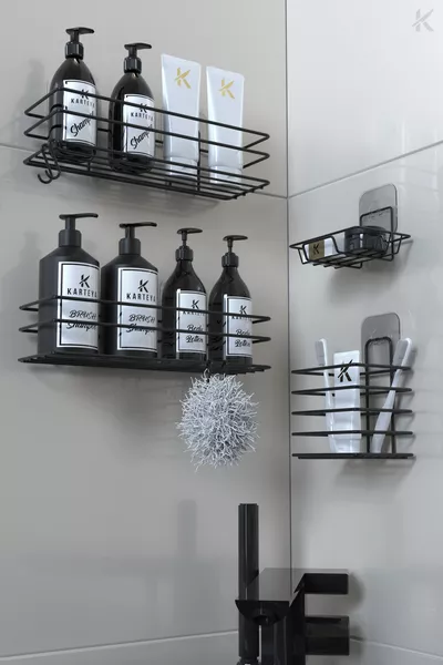 Stainless Steel Adhesive Black Metal Bathroom Shelf Organizer 4-Piece Set Hooked Shower Shelf Soap Rack