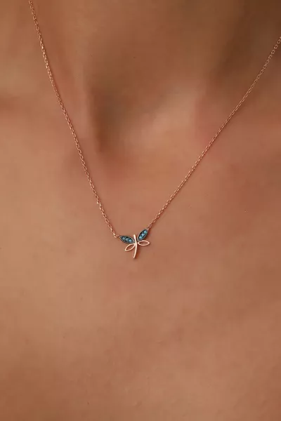 Women's  Sterling Silver Chain Rose Gold Plated Turquoise Stone Minimal Dragonfly Necklace