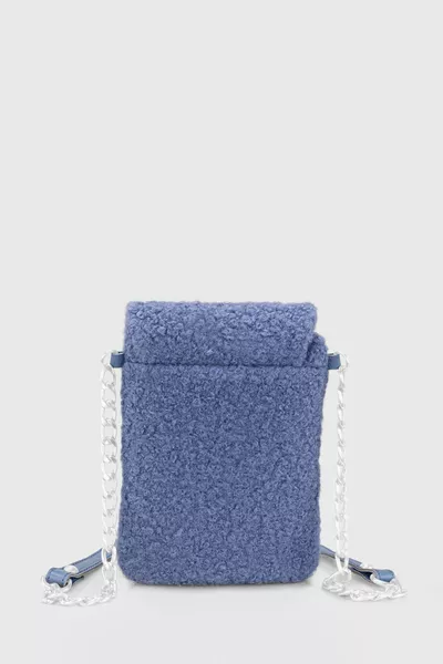 حقيبة هاتف محمول نسائية باللون الأزرق بحمالة كتف وجيب بفرو صناعي 