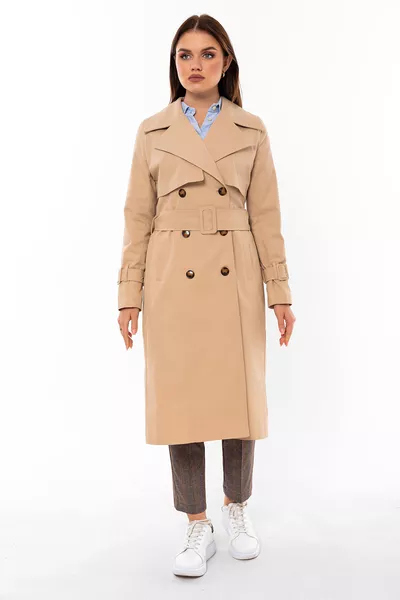 معطف ترينش نسائي طويل بحزام، مبطن، قماش جاباردين قطن % باللون البيج الفاتح ( سم) 