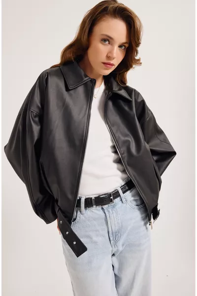 New Season Faux Oversized Bomber Leather Jacket