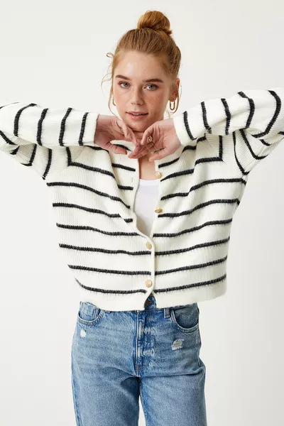 Cardigan en tricot rayé avec boutons dorés OS ÉCRU NOIR 