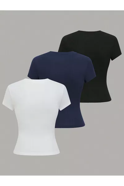 طقم ثلاثي تيشيرت نسائي ضيق بياقة دائرية أساسية