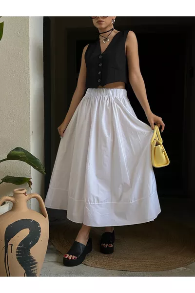 تنورة طويلة بيضاء من البوبلين بخصر مطاطي 