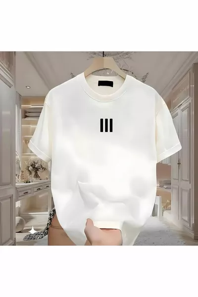 تي شيرت رجالي أبيض بطبعة ثلاث خطوط من نيوون 3