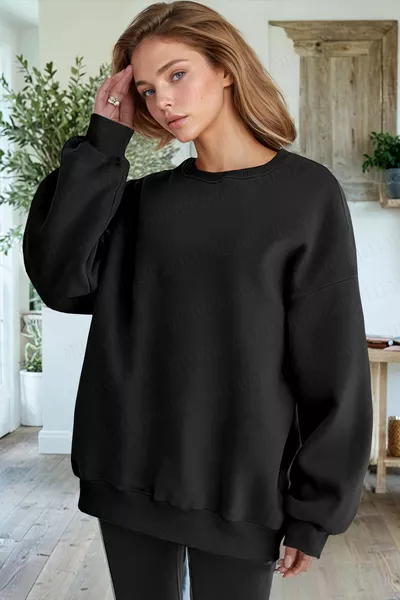 Unisex Siyah Basic 0 Sıfır Yaka Baskısız Düz Oversize Salaş Bol Kesim Polar Sweatshirt