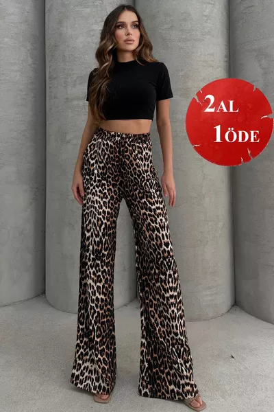 بنطال جيرسي مرن مريح بنقشة الفهد، خصر مرتفع، أرجل واسعة، بقصة فلير