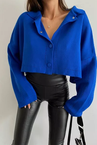 Çıt Çıt Detay Crop Hırka Saks Mavi