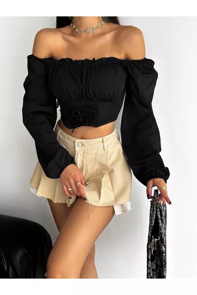 Женская черная блузка с рукавами-фонариками, корсетного кроя, с воротником «мадонна», укороченная, из ткани неопрена