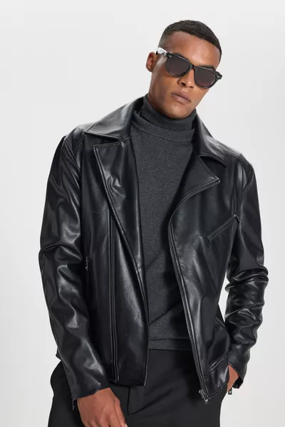 Veste en cuir noire pour homme, zip, coupe standard, taille normale, col croisé