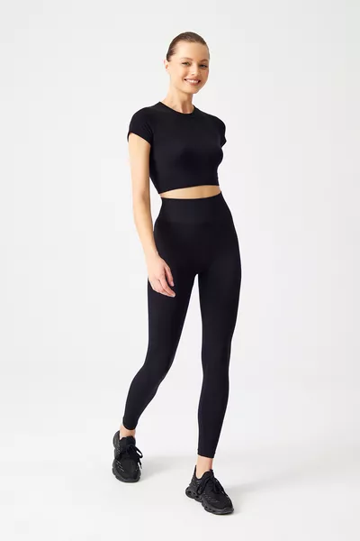 Black High-Waisted Seamless Shaping Sports Leggings with Stripes