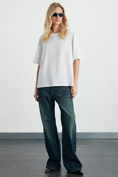 Lagertha Dames % Biologisch Katoen Dik Gestructureerd Oversized Fit Rondhals Wit T-shirt