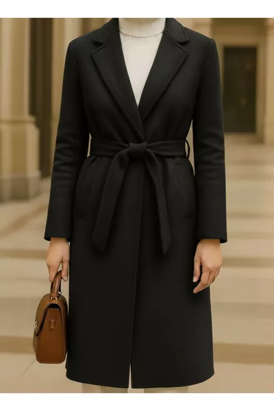 معطف صوف عالي الجودة مستورد للفتيات مع بطانة وجيوب وحزام