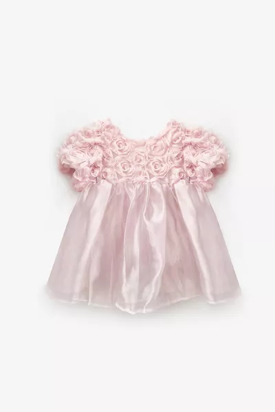 فستان بناتي بألوان وردية بتفاصيل ورود وتنورة تول - نيليا