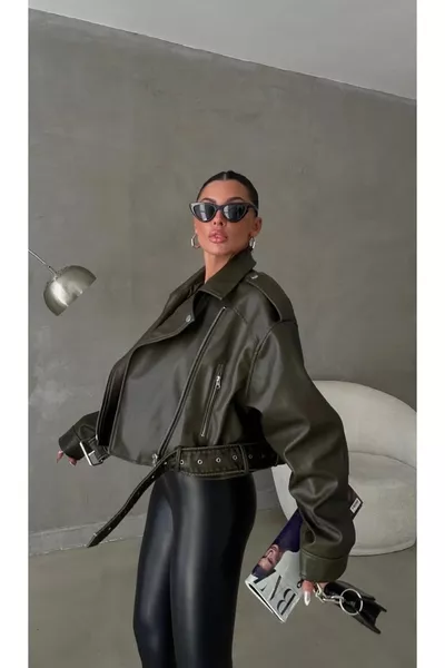 New Season Oversized Women's Green Biker Leather Jacket