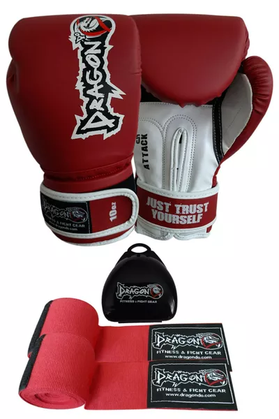 Attack Boxing Gloves Kickboxing Muay Thai Boxing Gloves with Bandages and Mouthguard 3-Piece Set