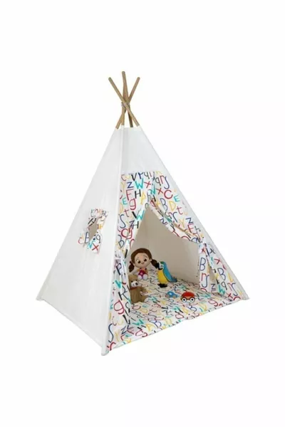 Tenda da gioco per bambini in legno stile nativo americano con cuscino e materassino, colori cotone