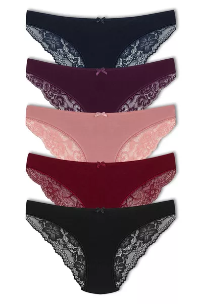 Set van 5 Dames Slip van Katoen met Halve Kant Achterkant