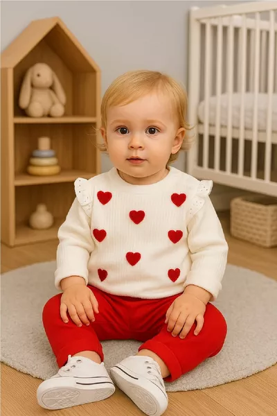 طقم بيبي للبنات/الأطفال مزين بتطريز قلب ولُغة الحب على الكتف مع أزرار ضغط، قطعتان، قطعة علوية وسفلية، مناسب لجميع المواسم، للأعمار  شهر