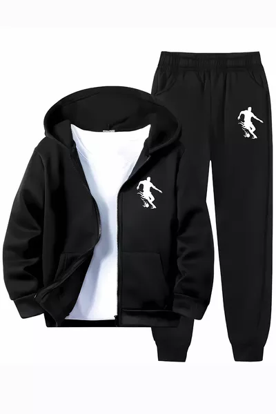 Boys' Football Character Printed Zipped Sweatshirt and Pants Set