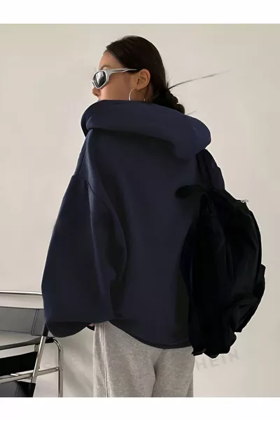 Navy Blue Hooded Cardigan Sweatshirt with Fleece